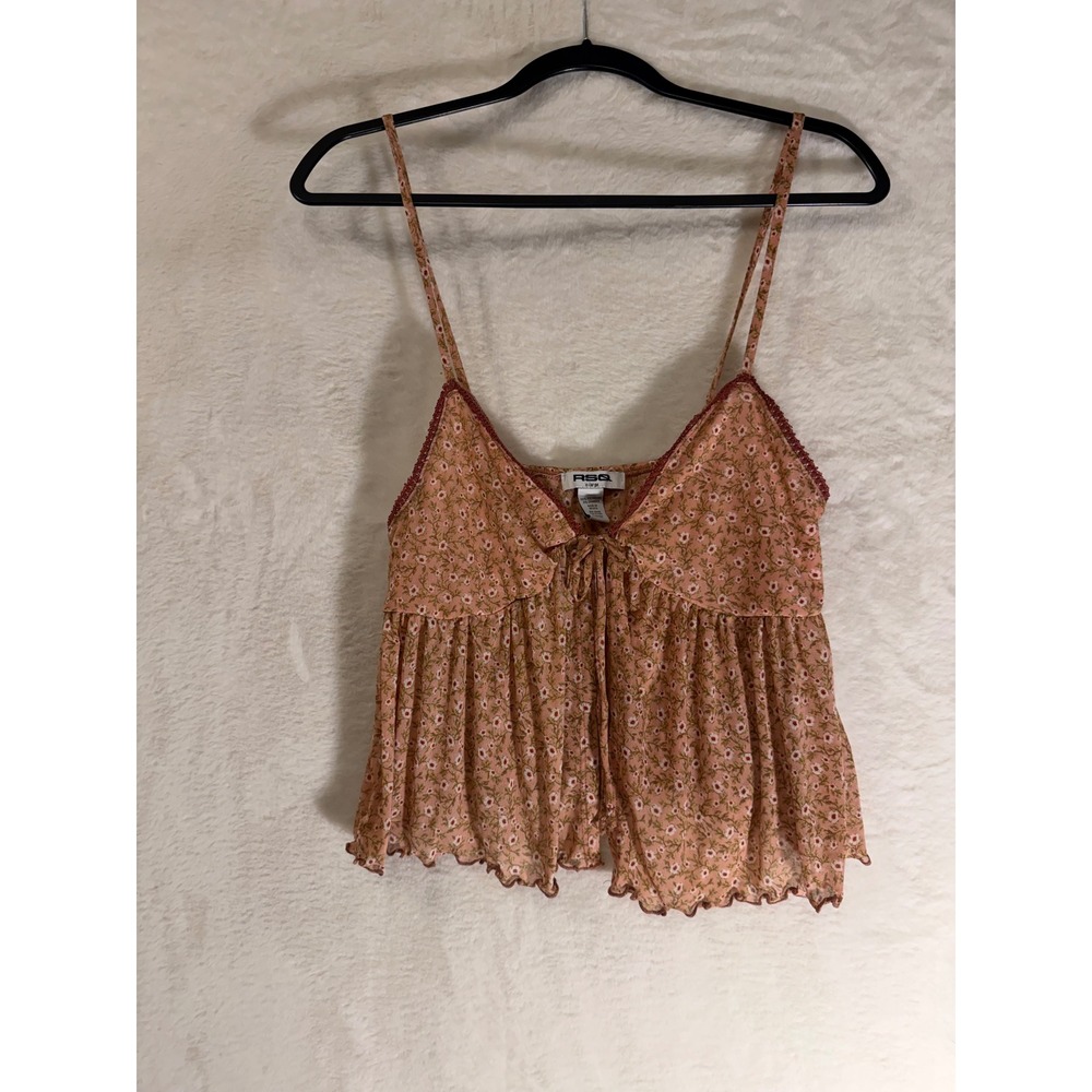 RSQ Floral Mesh Camisole Top Womens XL Pink Babydoll Lettuce Edge Cottagecore